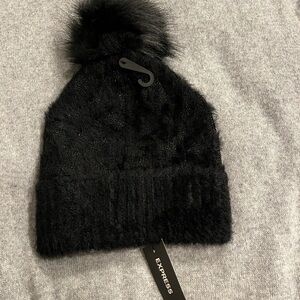 Express Black Fuzzy Lamé Beanie with Pom